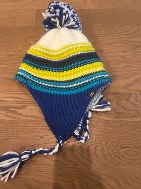Kids Earflap Pom Pom Beanie - Blue, White & Yellow